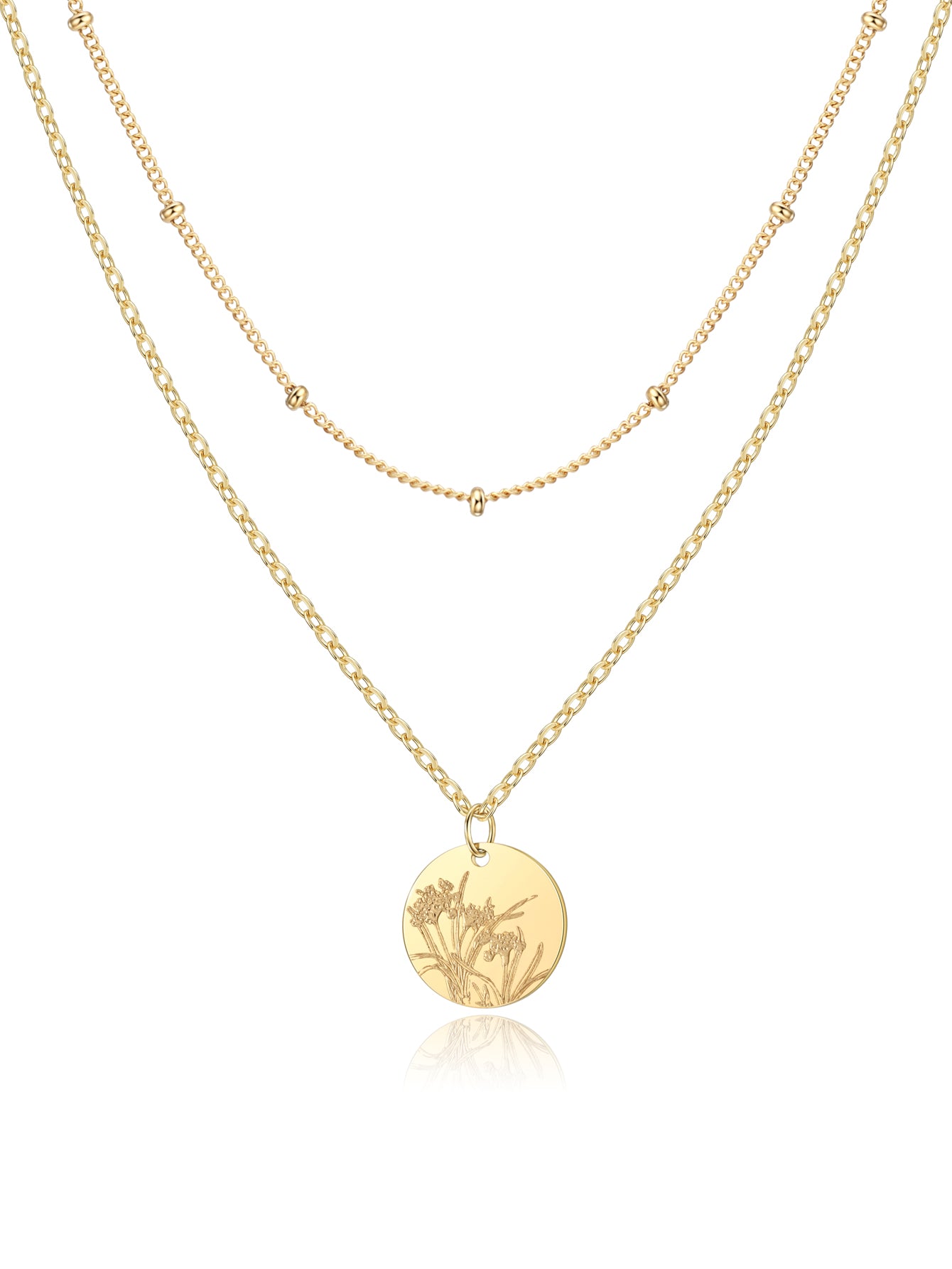 Birth Flower Necklace | Gold Layered Necklaces for Women, Coin Pendant Necklace Set