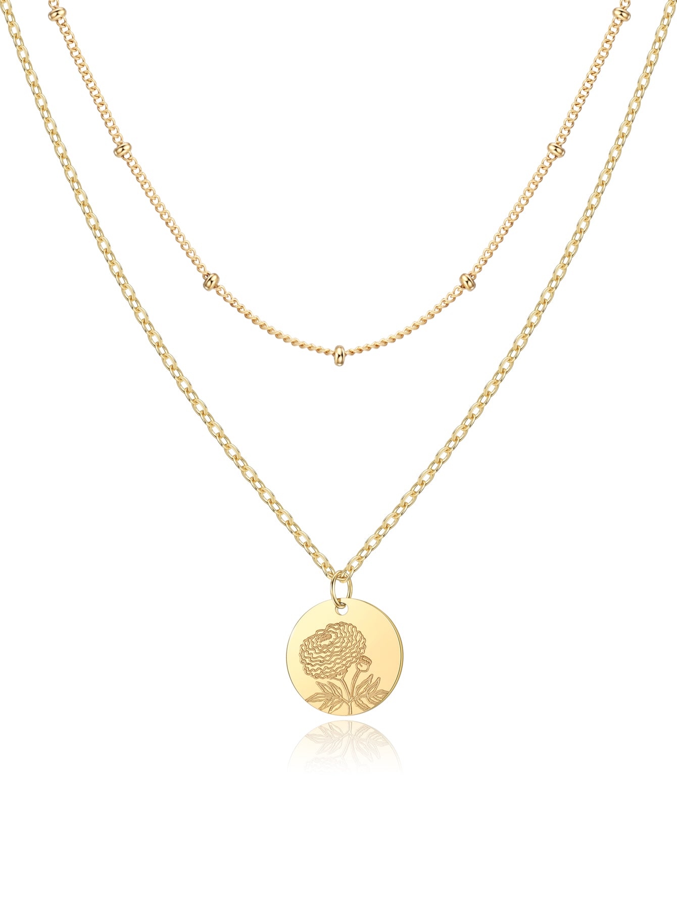 Birth Flower Necklace | Gold Layered Necklaces for Women, Coin Pendant Necklace Set