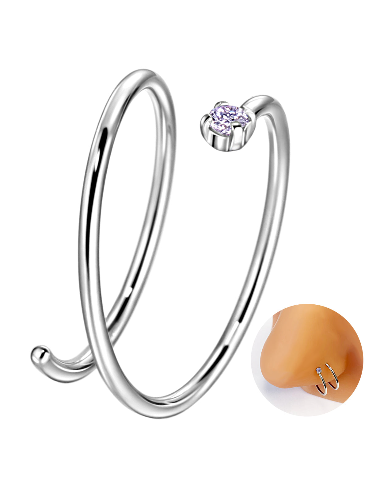 Double Nose Ring Hoop for Single Piercing | Birthstone, Surgical Steel Silver Spiral Twist Nose Hoop