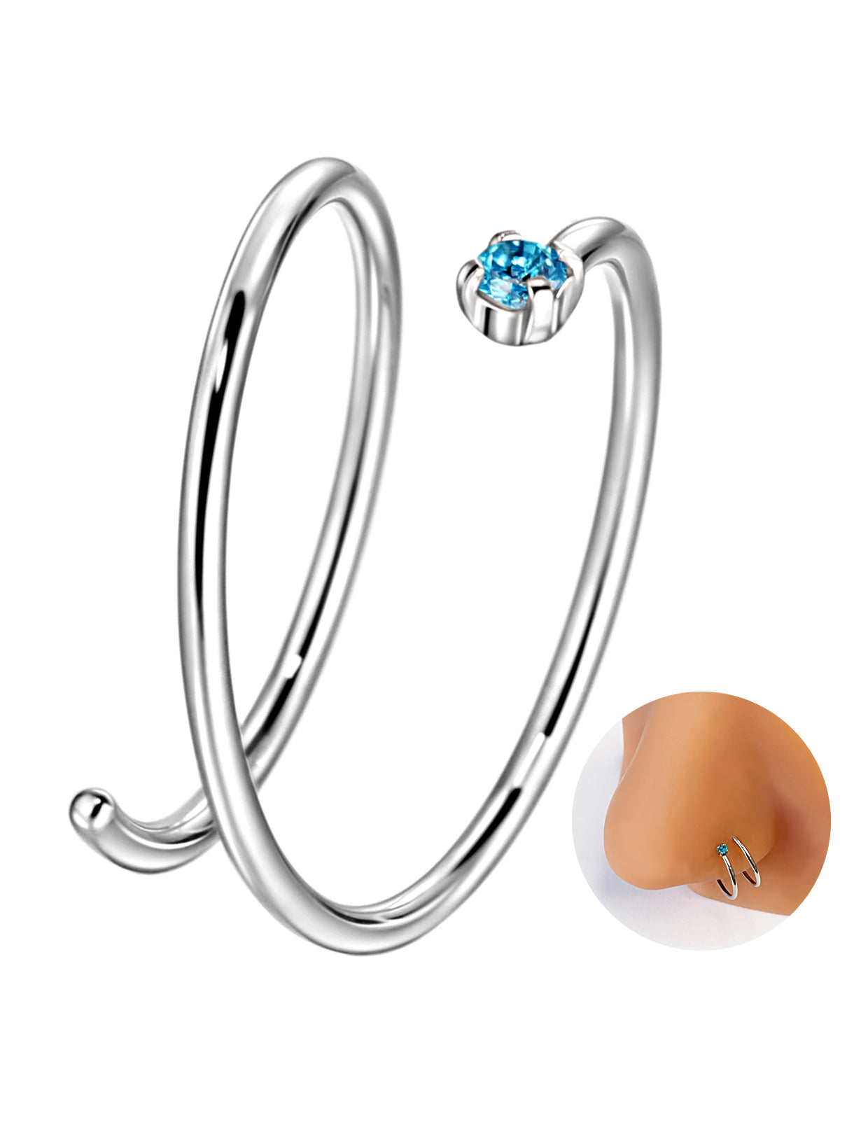 Double Nose Ring Hoop for Single Piercing | Birthstone, Surgical Steel Silver Spiral Twist Nose Hoop