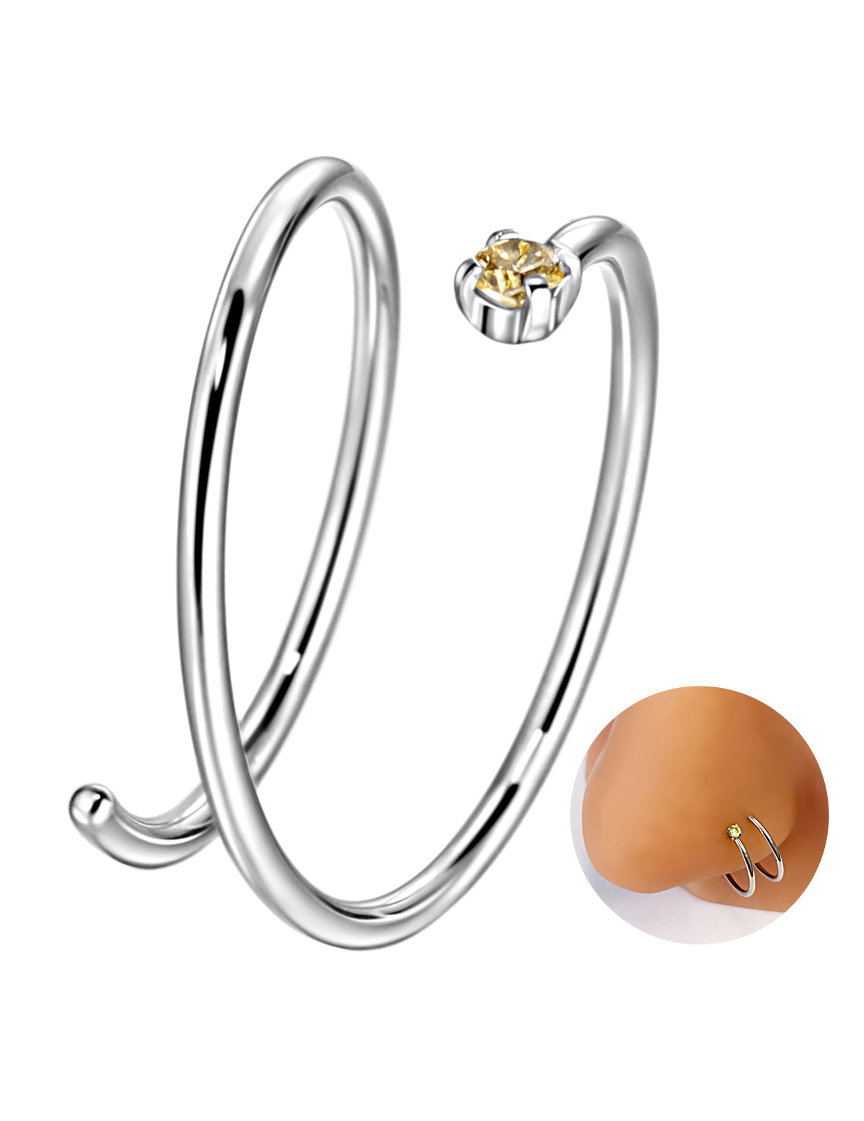Double Nose Ring Hoop for Single Piercing | Birthstone, Surgical Steel Silver Spiral Twist Nose Hoop