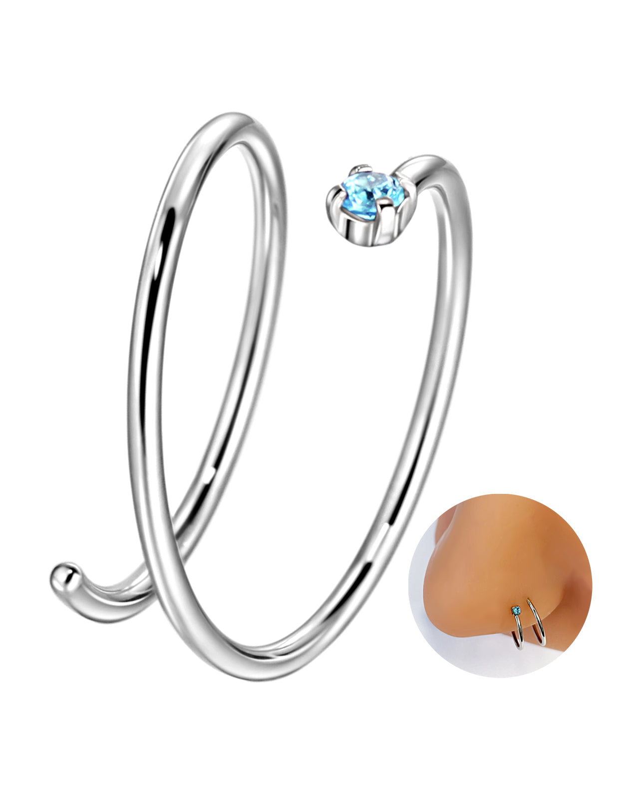 Double Nose Ring Hoop for Single Piercing | Birthstone, Surgical Steel Silver Spiral Twist Nose Hoop