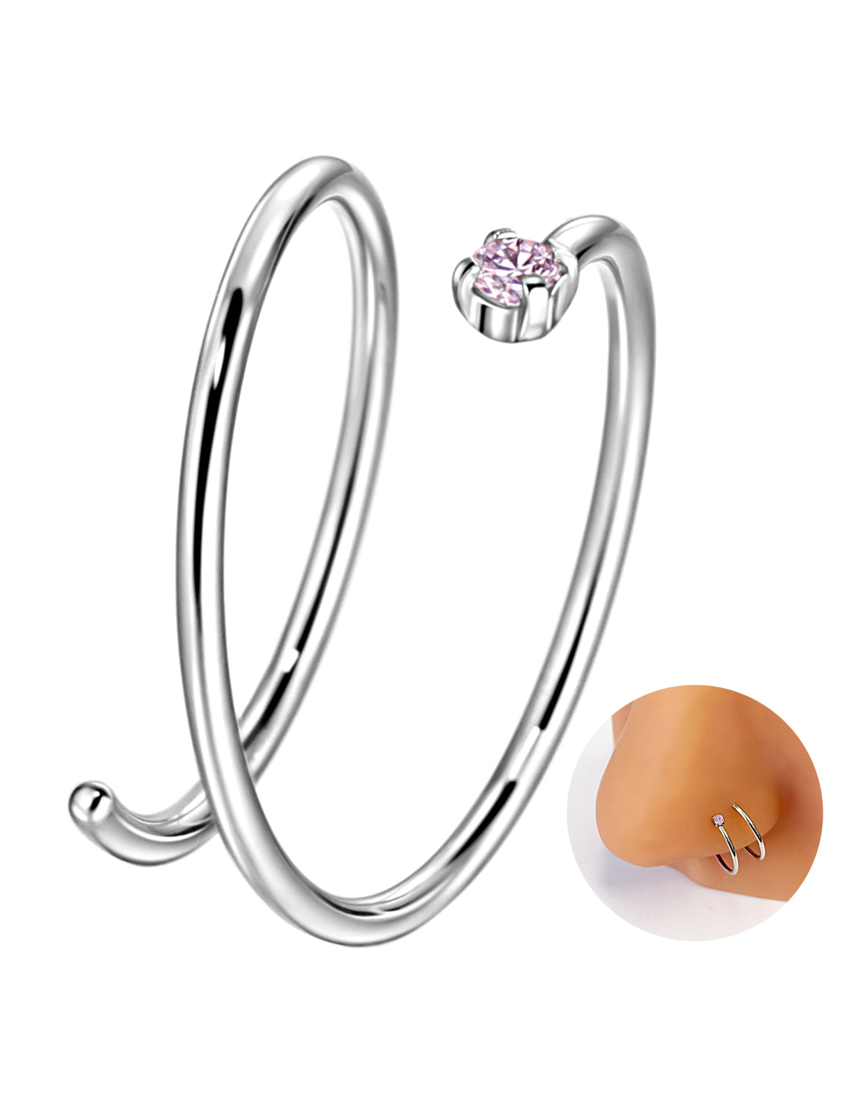 Double Nose Ring Hoop for Single Piercing | Birthstone, Surgical Steel Silver Spiral Twist Nose Hoop