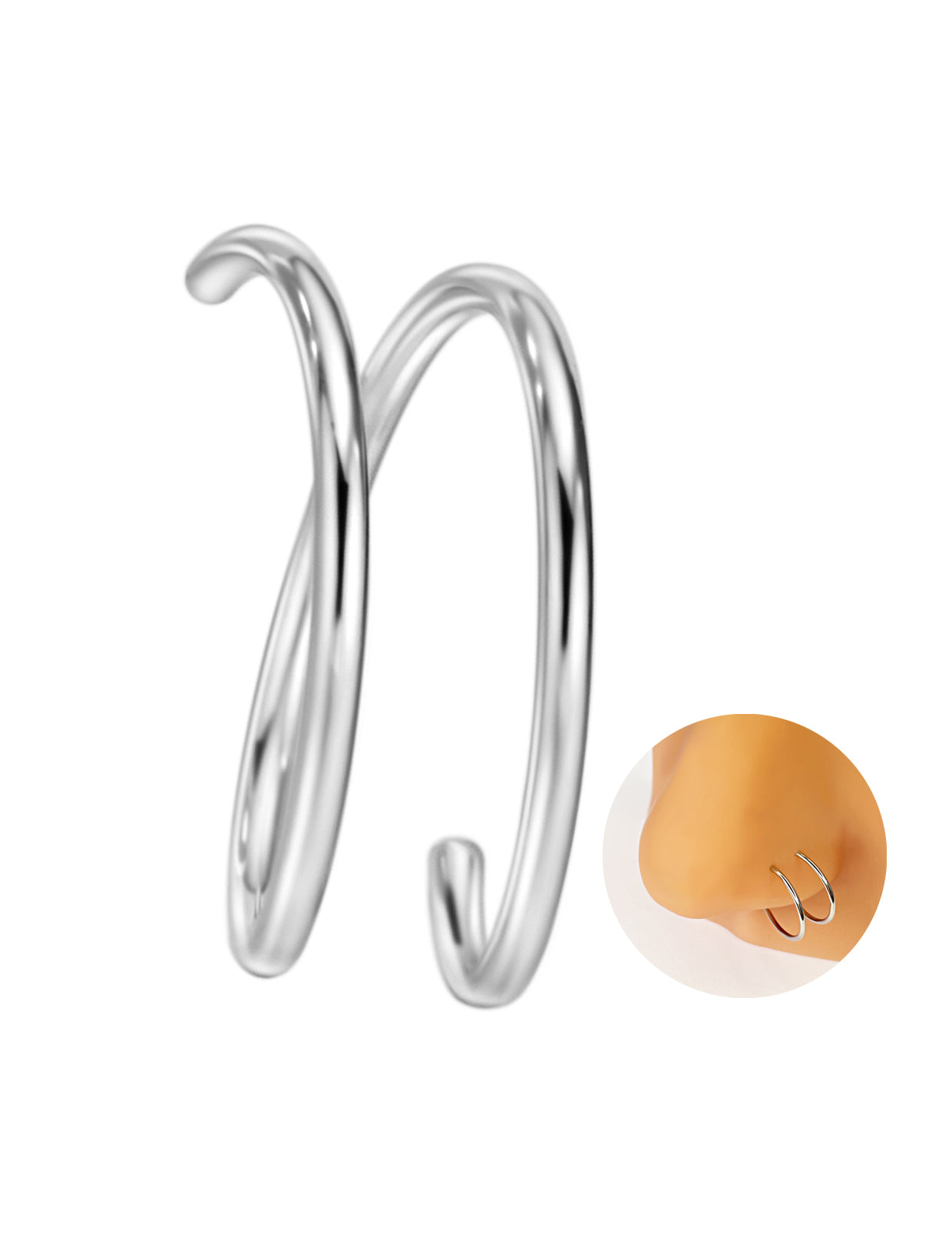 Double Nose Ring Hoop for Single Piercing | Birthstone, Surgical Steel Silver Spiral Twist Nose Hoop
