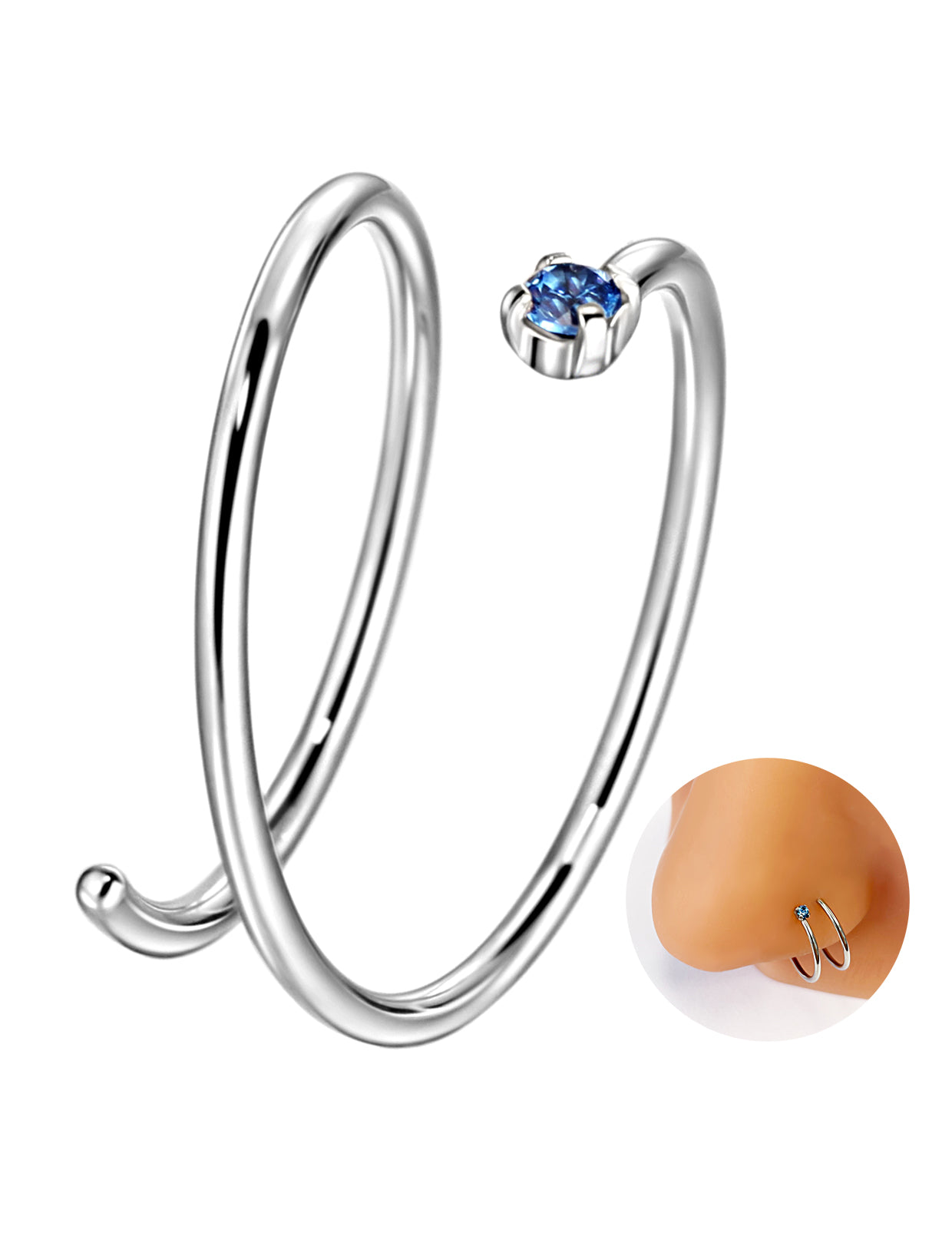 Double Nose Ring Hoop for Single Piercing | Birthstone, Surgical Steel Silver Spiral Twist Nose Hoop
