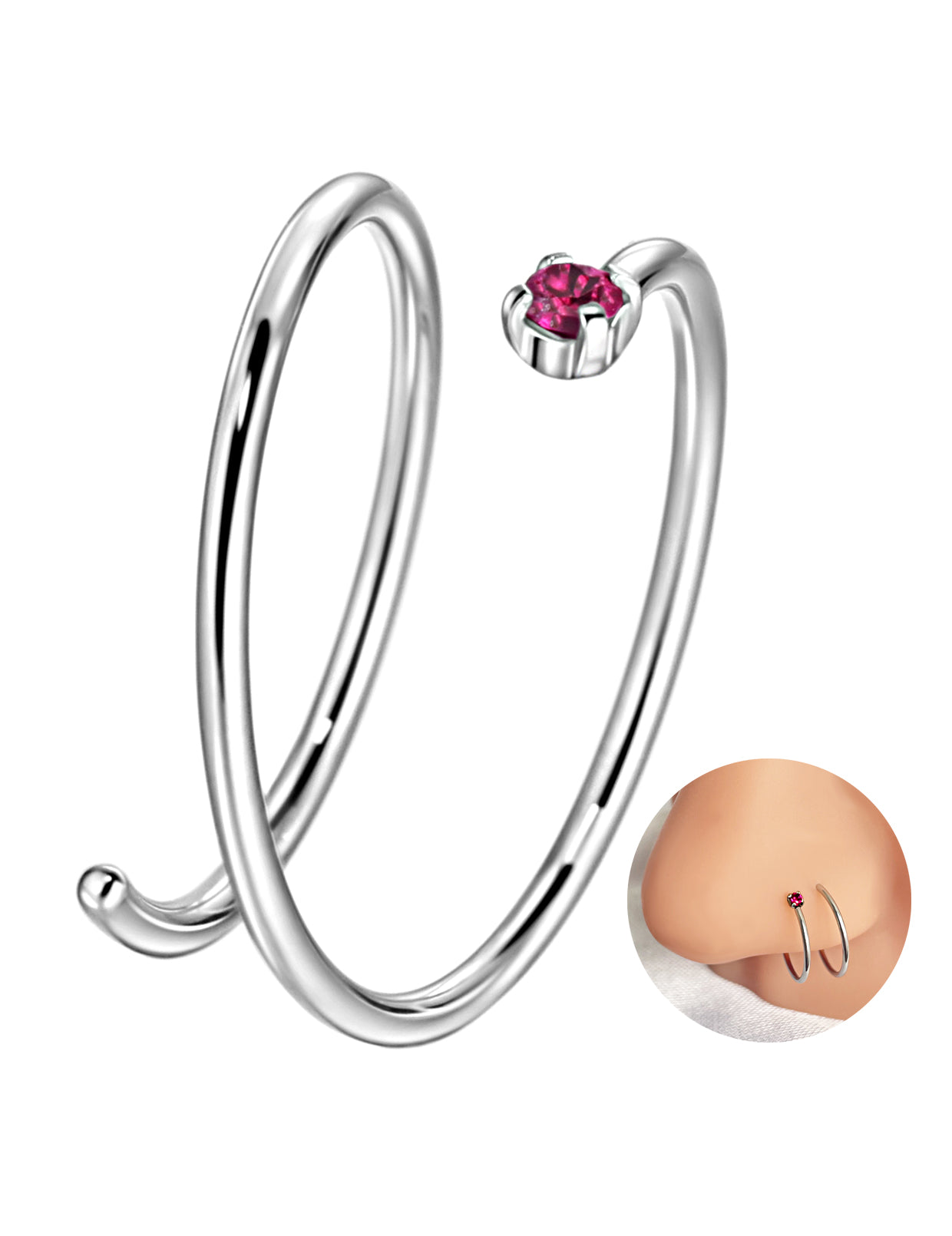 Double Nose Ring Hoop for Single Piercing | Birthstone, Surgical Steel Silver Spiral Twist Nose Hoop