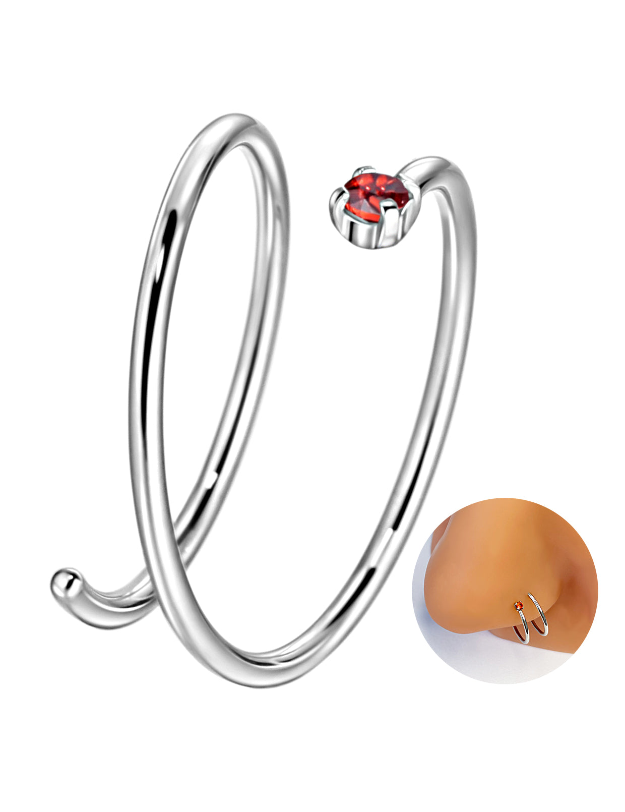 Double Nose Ring Hoop for Single Piercing | Birthstone, Surgical Steel Silver Spiral Twist Nose Hoop