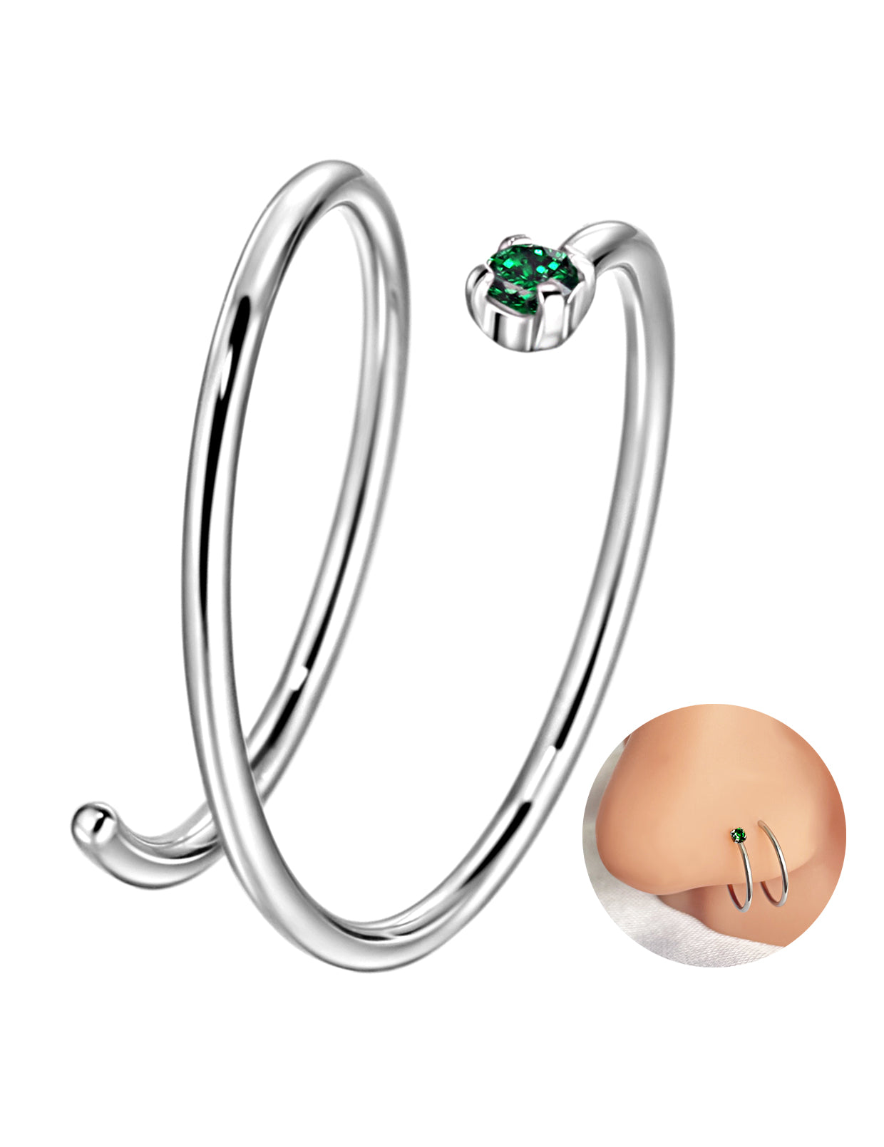 Double Nose Ring Hoop for Single Piercing | Birthstone, Surgical Steel Silver Spiral Twist Nose Hoop