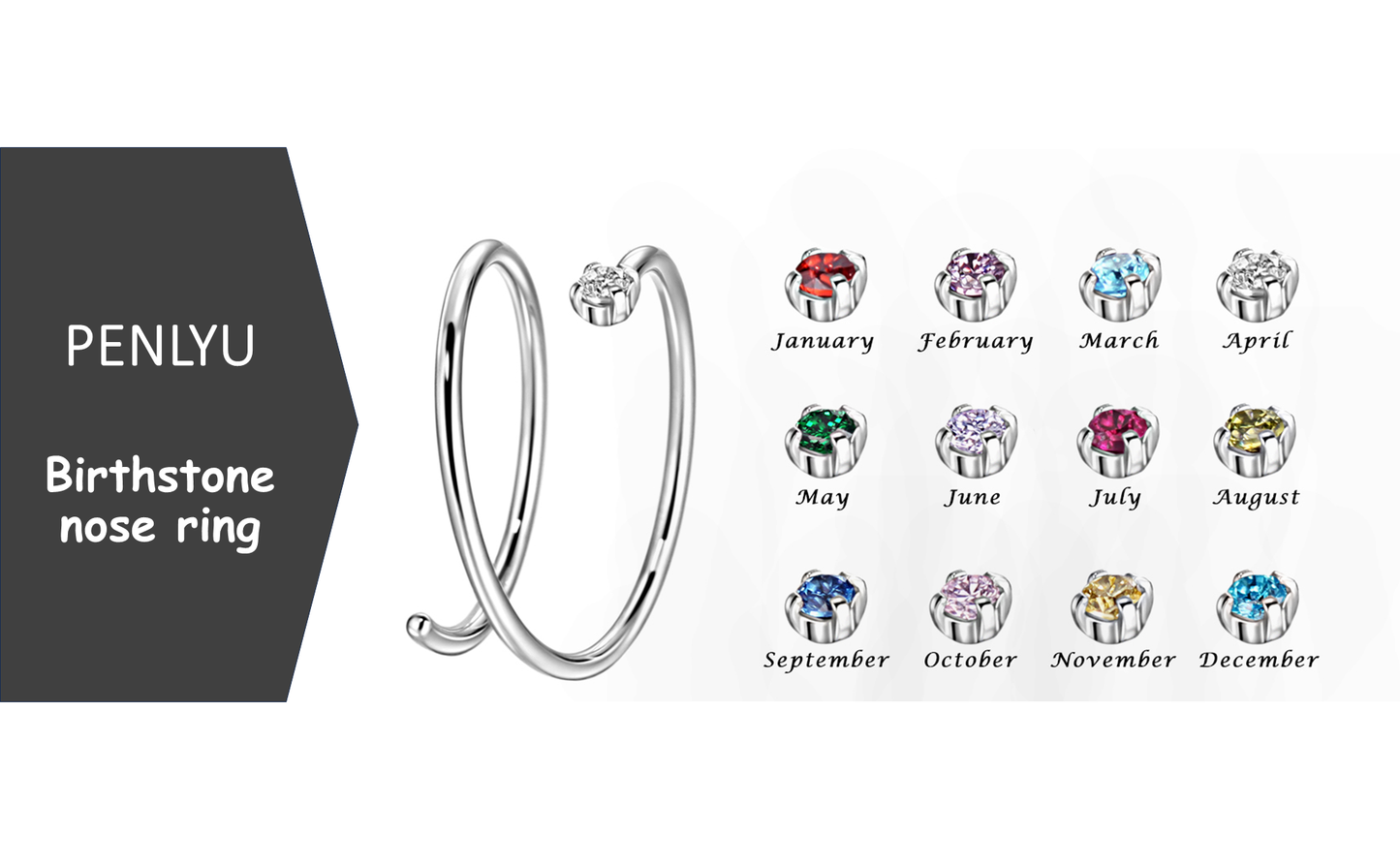 Double Nose Ring Hoop for Single Piercing | Birthstone, Surgical Steel Silver Spiral Twist Nose Hoop
