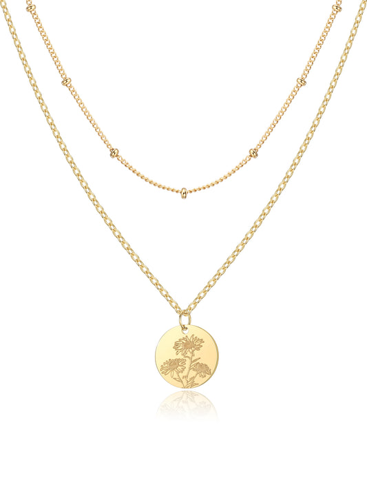 Birth Flower Necklace | Gold Layered Necklaces for Women, Coin Pendant Necklace Set