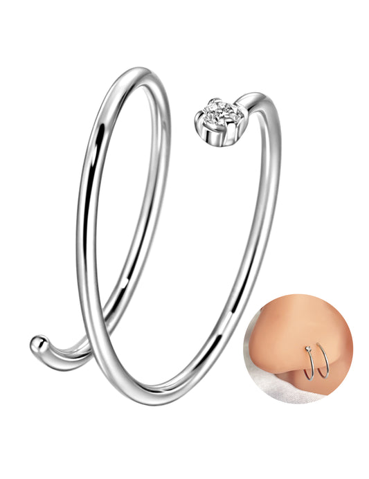 Double Nose Ring Hoop for Single Piercing | Birthstone, Surgical Steel Silver Spiral Twist Nose Hoop